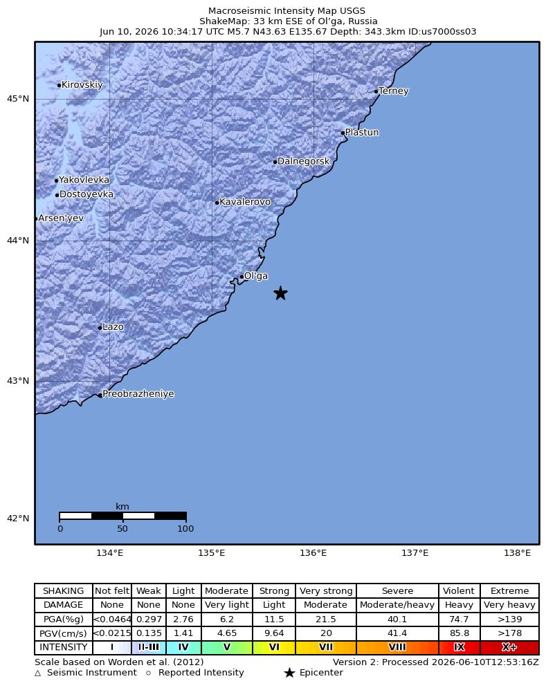 USGS ShakeMap intensity contours for the M5.7 earthquake near 33 km ESE of Ol’ga, Russia