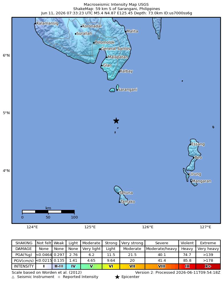 USGS ShakeMap intensity contours for the M5.4 earthquake near 59 km S of Sarangani, Philippines