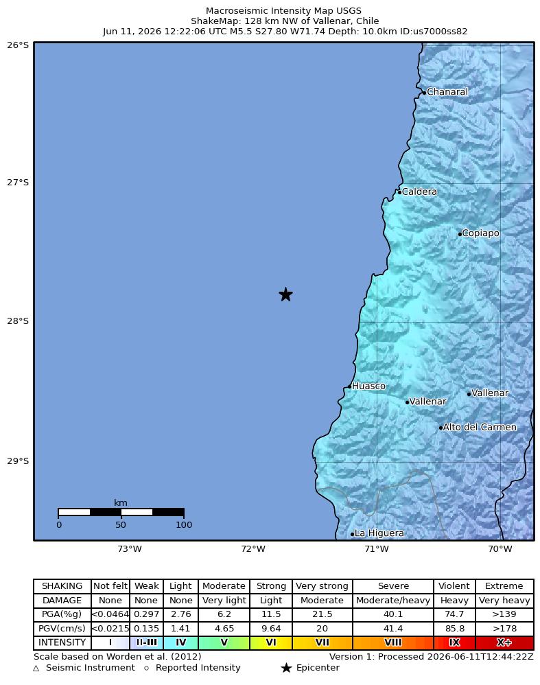 USGS ShakeMap intensity contours for the M5.5 earthquake near 128 km NW of Vallenar, Chile