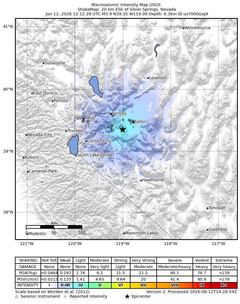 USGS ShakeMap intensity contours for the M4.0 earthquake near 20 km ESE of Silver Springs, Nevada