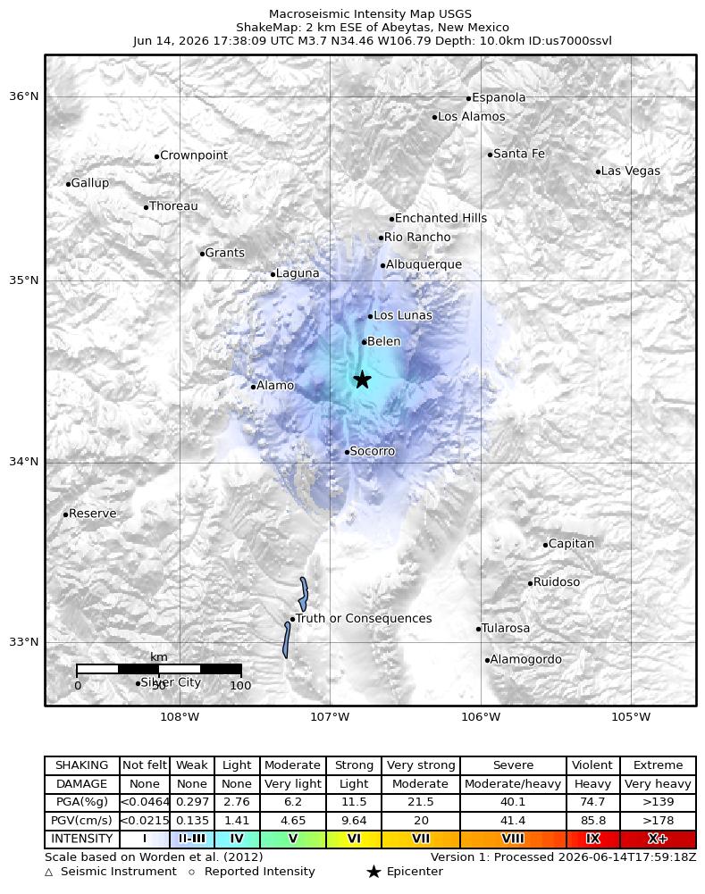 USGS ShakeMap intensity contours for the M3.7 earthquake near 2 km ESE of Abeytas, New Mexico