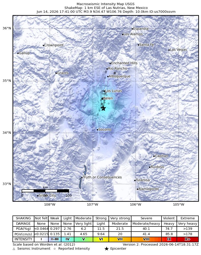 USGS ShakeMap intensity contours for the M3.9 earthquake near 1 km ESE of Las Nutrias, New Mexico