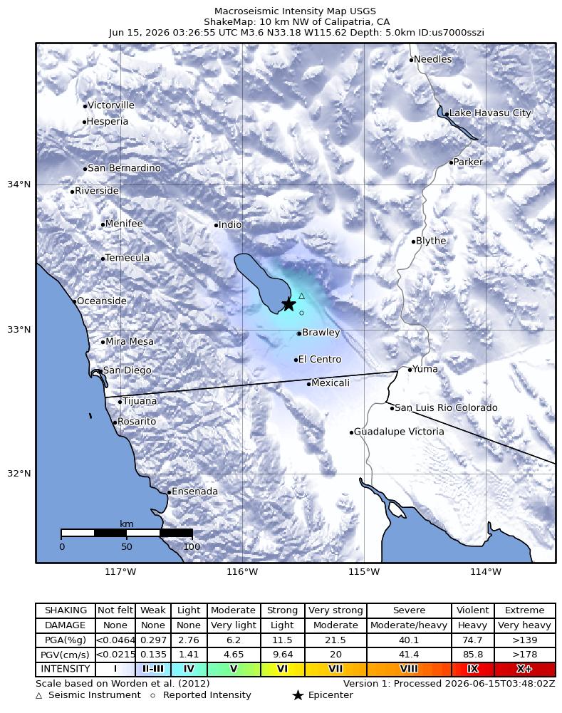 USGS ShakeMap intensity contours for the M3.2 earthquake near 10 km NW of Calipatria, CA