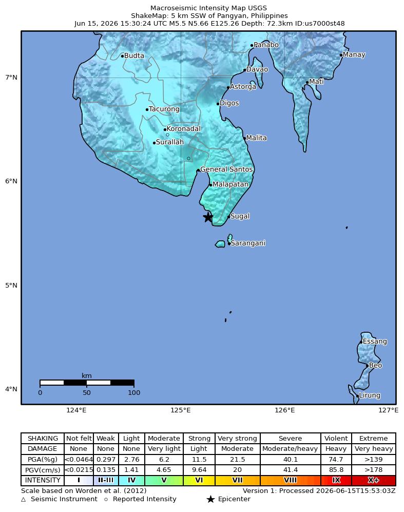 USGS ShakeMap intensity contours for the M5.5 earthquake near 5 km SSW of Pangyan, Philippines