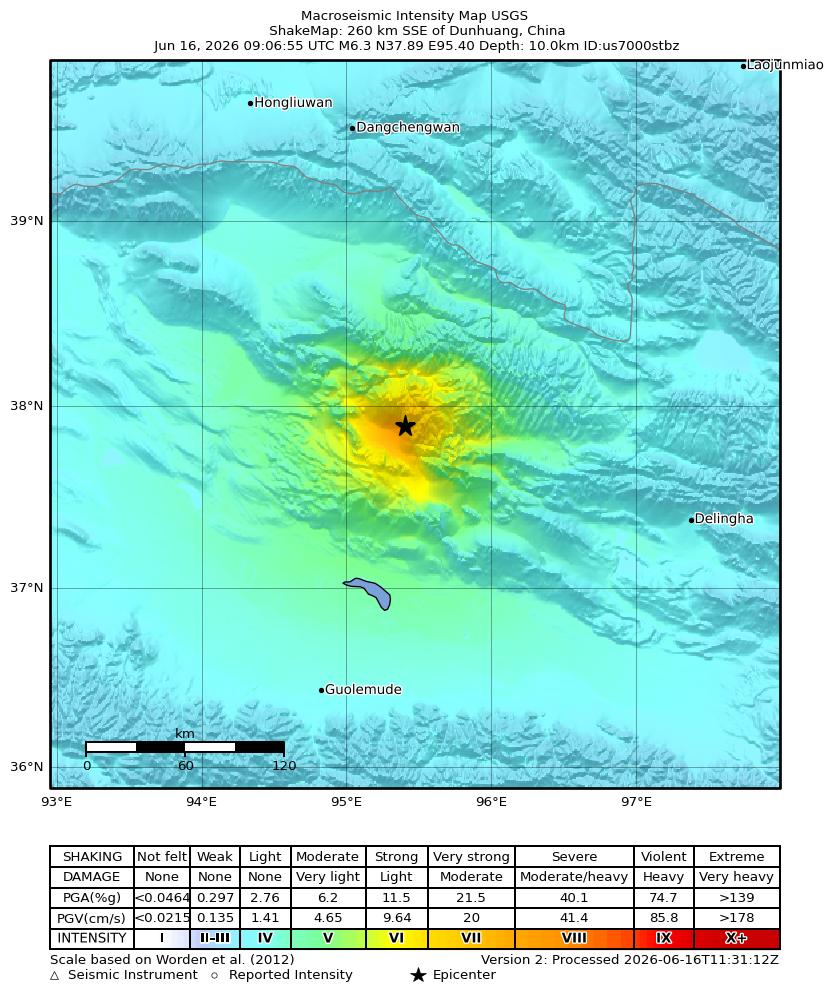 USGS ShakeMap intensity contours for the M6.3 earthquake near 260 km SSE of Dunhuang, China