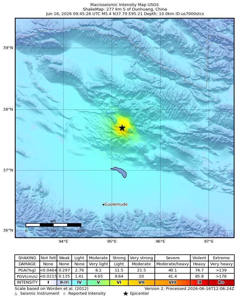 USGS ShakeMap intensity contours for the M5.4 earthquake near 277 km S of Dunhuang, China