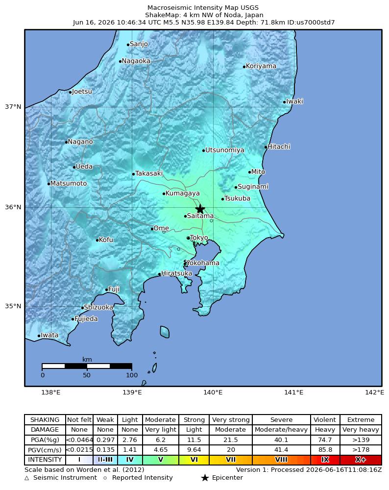 USGS ShakeMap intensity contours for the M5.5 earthquake near 4 km NW of Noda, Japan