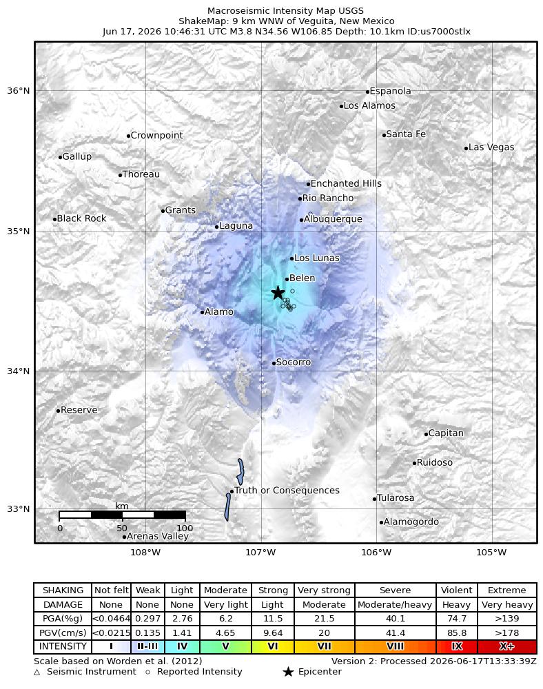 USGS ShakeMap intensity contours for the M3.8 earthquake near 9 km WNW of Veguita, New Mexico