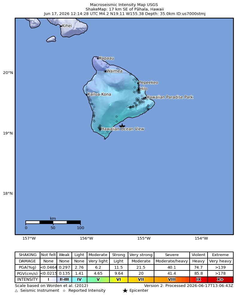 USGS ShakeMap intensity contours for the M4.5 earthquake near 17 km SE of Pāhala, Hawaii