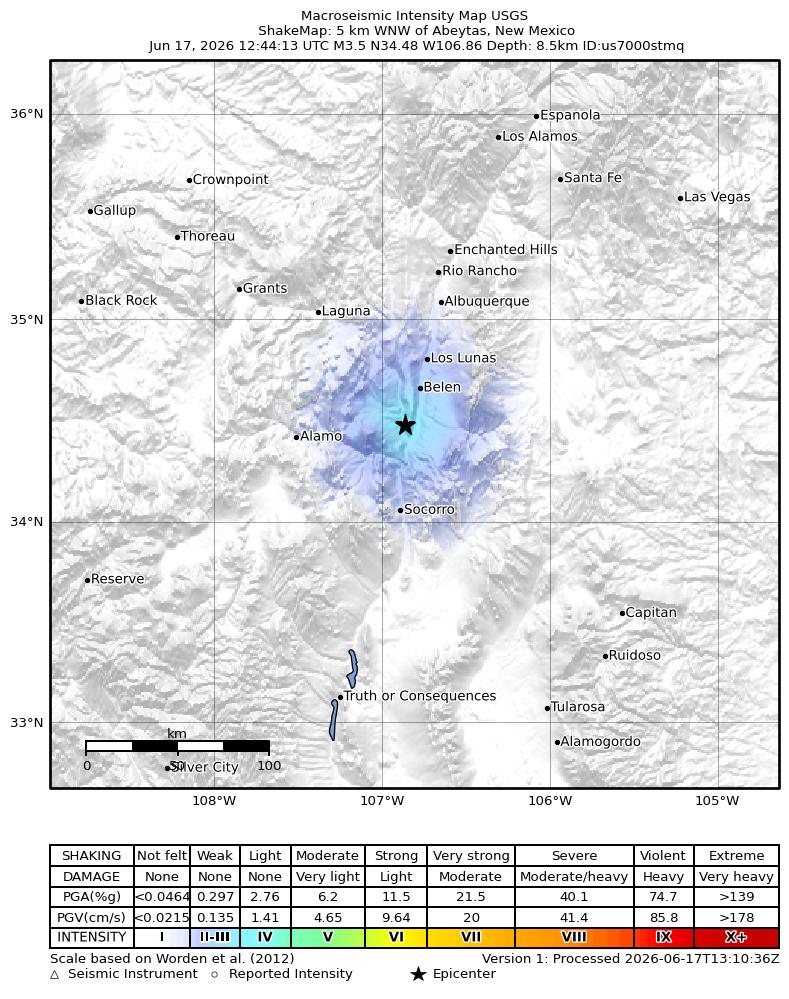 USGS ShakeMap intensity contours for the M3.5 earthquake near 5 km WNW of Abeytas, New Mexico
