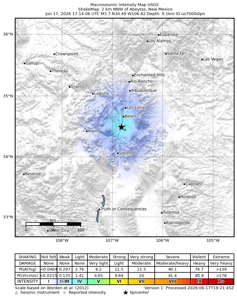USGS ShakeMap intensity contours for the M3.7 earthquake near 2 km NNW of Abeytas, New Mexico