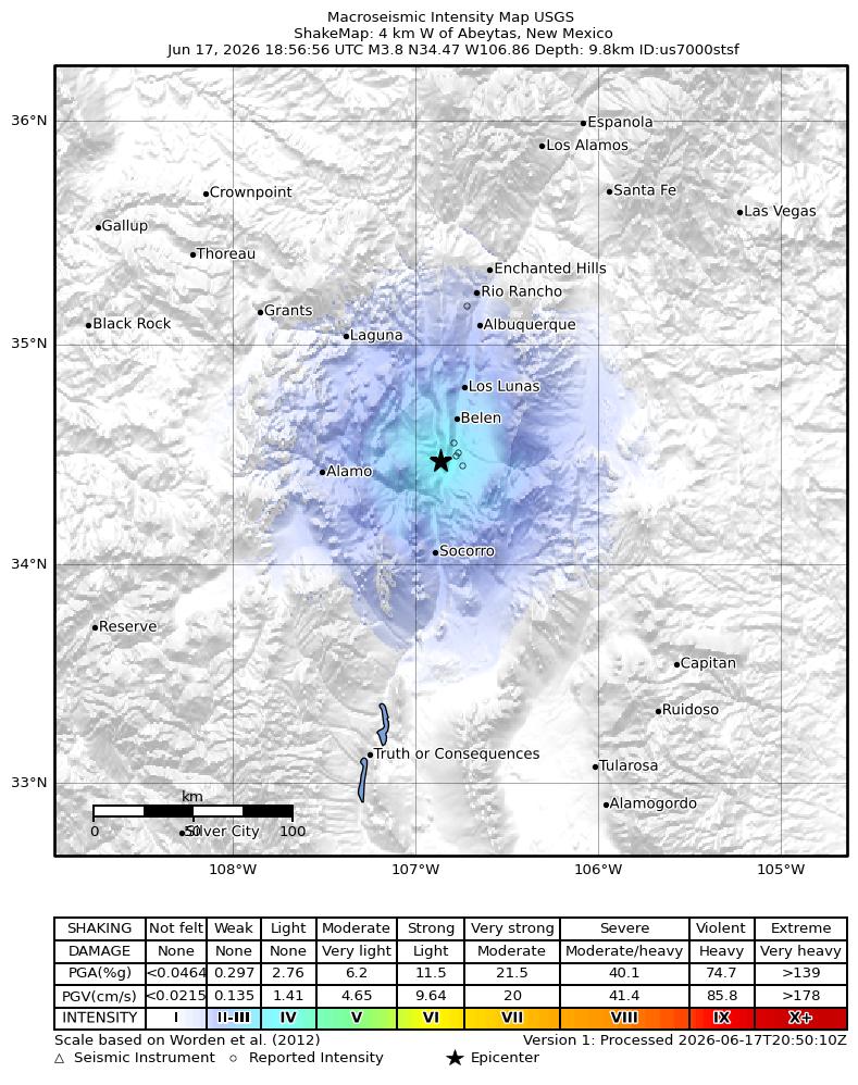 USGS ShakeMap intensity contours for the M3.8 earthquake near 4 km W of Abeytas, New Mexico
