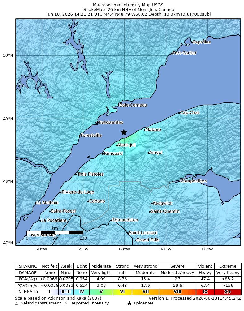 USGS ShakeMap intensity contours for the M4.4 earthquake near 26 km NNE of Mont-Joli, Canada