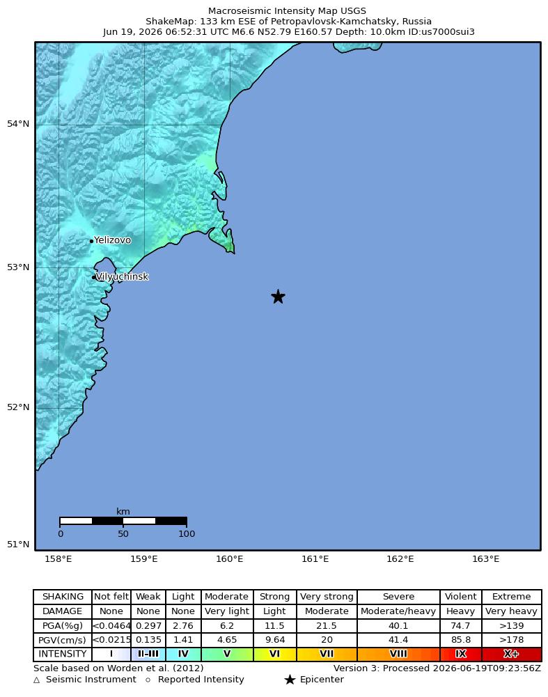 USGS ShakeMap intensity contours for the M6.6 earthquake near 133 km ESE of Petropavlovsk-Kamchatsky, Russia