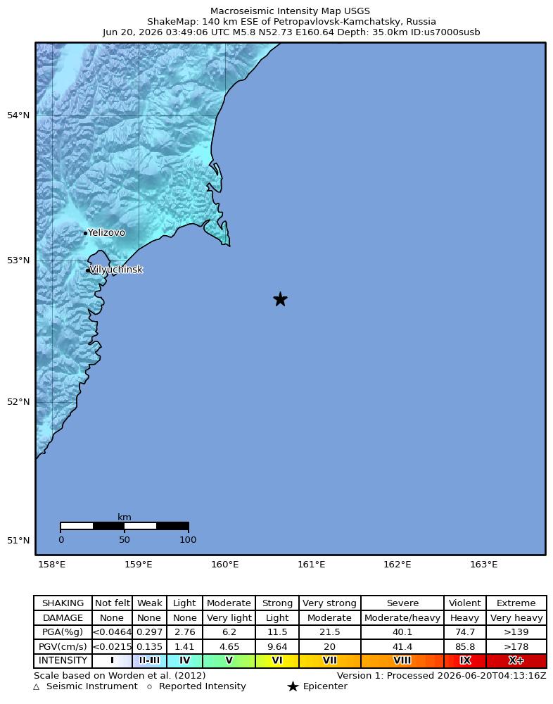 USGS ShakeMap intensity contours for the M5.8 earthquake near 140 km ESE of Petropavlovsk-Kamchatsky, Russia