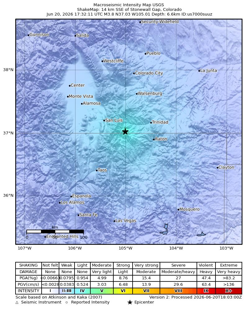 USGS ShakeMap intensity contours for the M3.8 earthquake near 14 km SSE of Stonewall Gap, Colorado