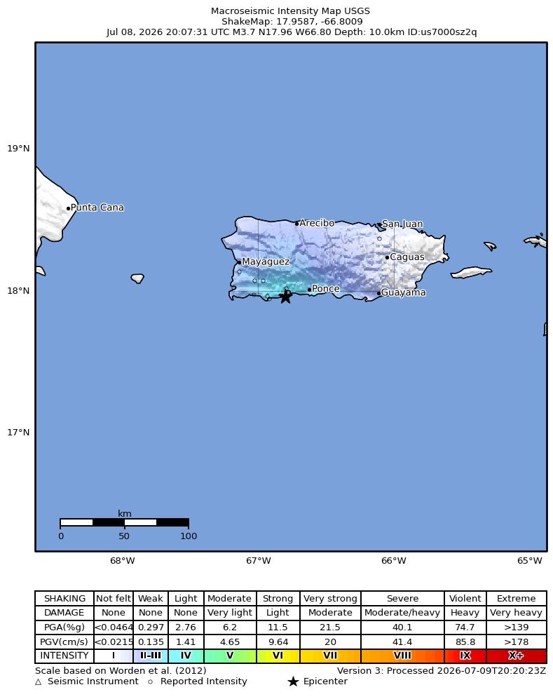 USGS ShakeMap intensity contours for the M3.9 earthquake near 2 km SW of Indios, Puerto Rico