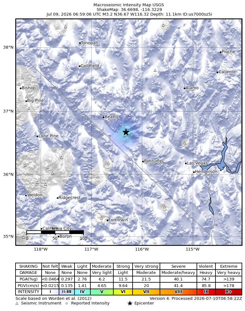 USGS ShakeMap intensity contours for the M3.4 earthquake near 47 km SE of Beatty, Nevada