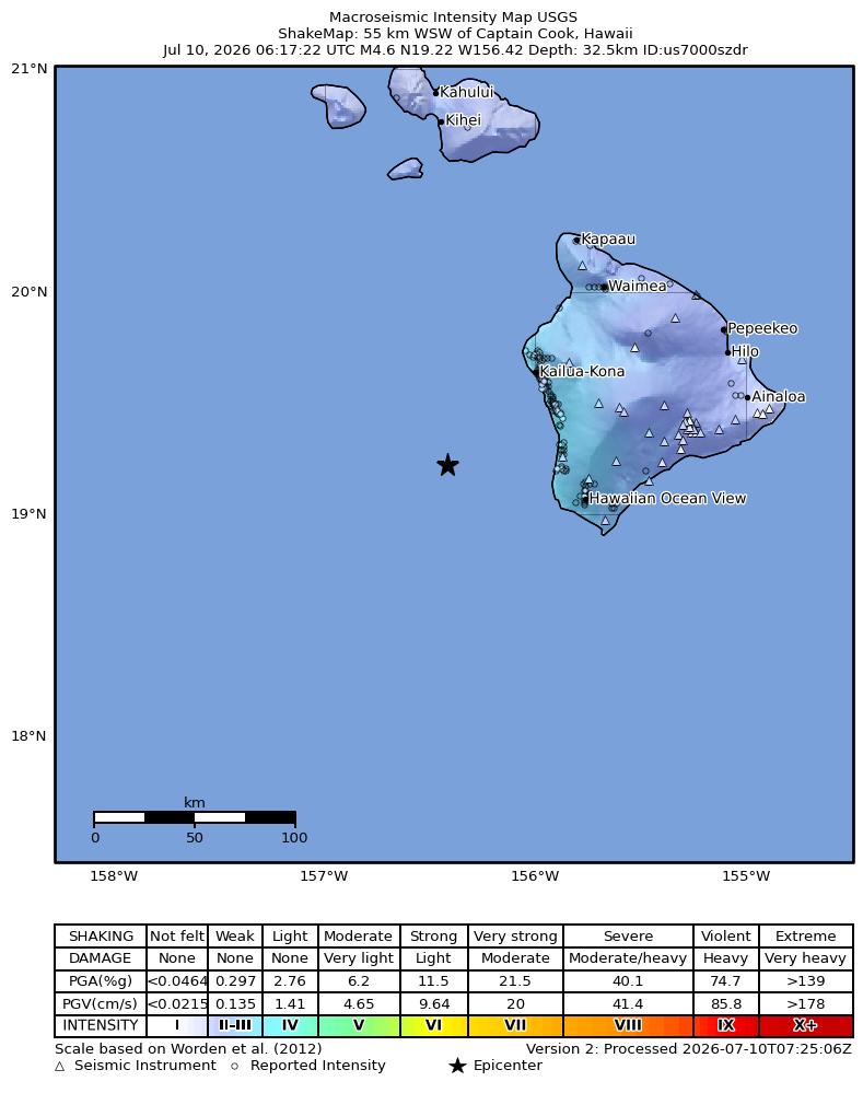 USGS ShakeMap intensity contours for the M4.5 earthquake near 55 km WSW of Captain Cook, Hawaii