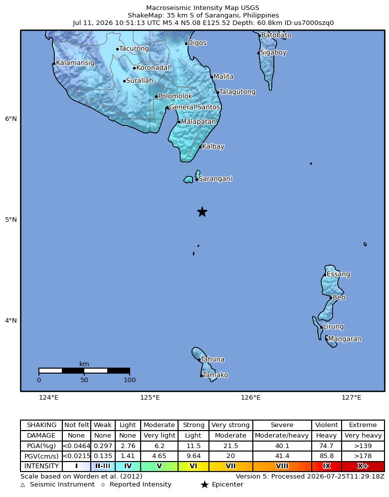 USGS ShakeMap intensity contours for the M5.4 earthquake near 35 km S of Sarangani, Philippines