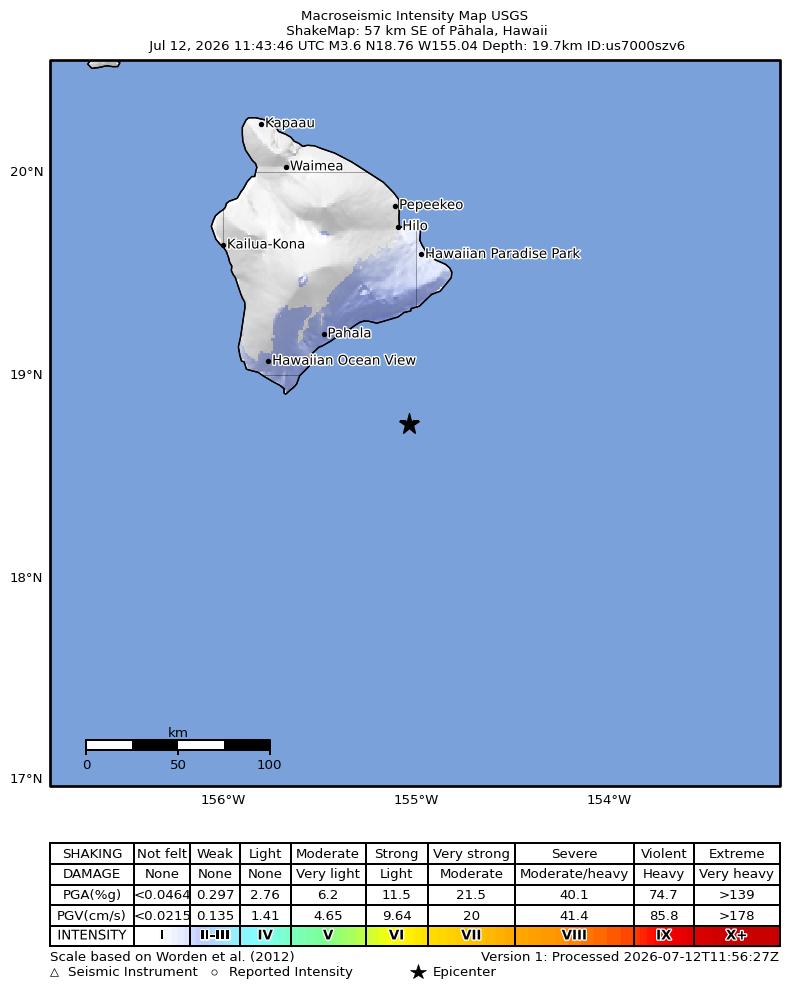 USGS ShakeMap intensity contours for the M3.3 earthquake near 57 km SE of Pāhala, Hawaii