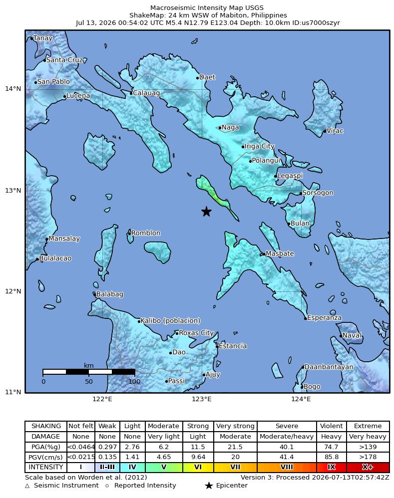 USGS ShakeMap intensity contours for the M5.4 earthquake near 24 km W of Mabiton, Philippines