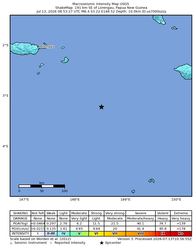 USGS ShakeMap intensity contours for the M6.4 earthquake near 191 km SE of Lorengau, Papua New Guinea