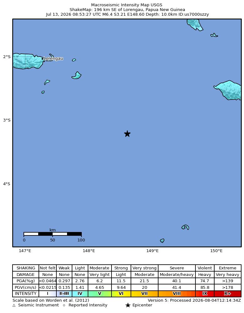 USGS ShakeMap intensity contours for the M6.4 earthquake near 196 km SE of Lorengau, Papua New Guinea