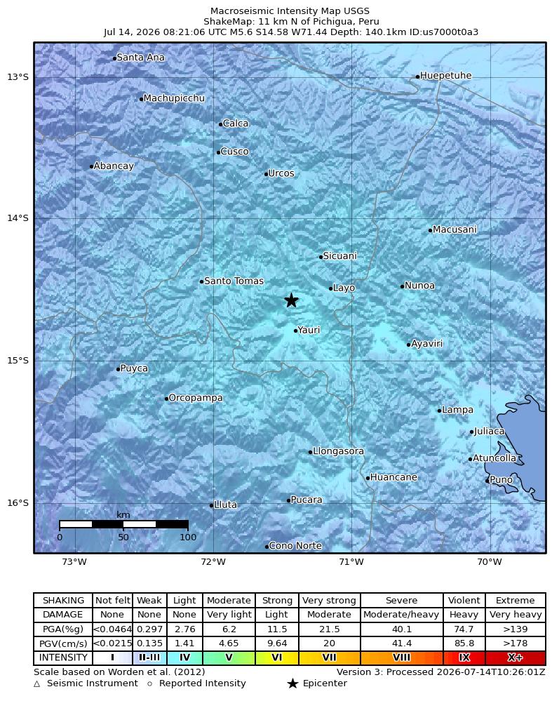 USGS ShakeMap intensity contours for the M5.6 earthquake near 11 km N of Pichigua, Peru