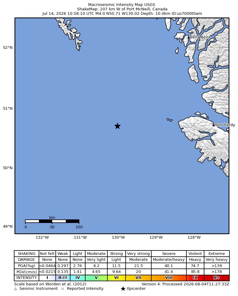 USGS ShakeMap intensity contours for the M4.0 earthquake near 207 km W of Port McNeill, Canada