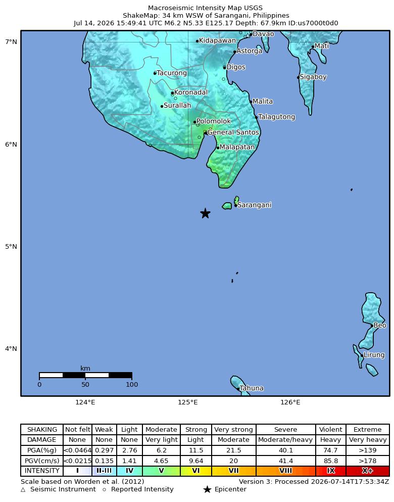 USGS ShakeMap intensity contours for the M6.2 earthquake near 34 km WSW of Sarangani, Philippines