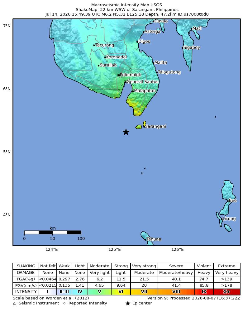 USGS ShakeMap intensity contours for the M6.2 earthquake near 32 km WSW of Sarangani, Philippines