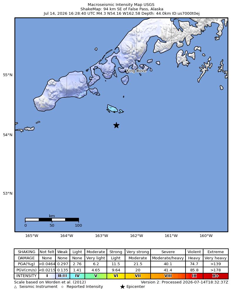 USGS ShakeMap intensity contours for the M4.3 earthquake near 94 km SE of False Pass, Alaska