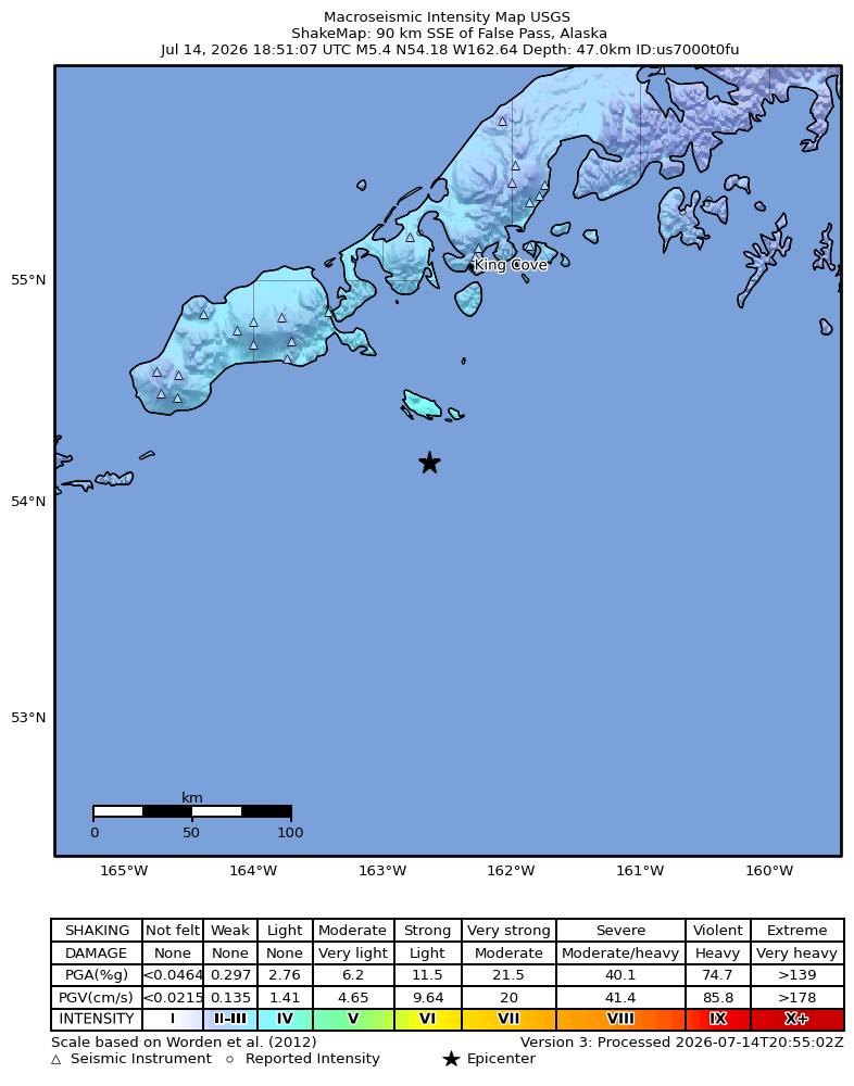USGS ShakeMap intensity contours for the M5.4 earthquake near 90 km SSE of False Pass, Alaska