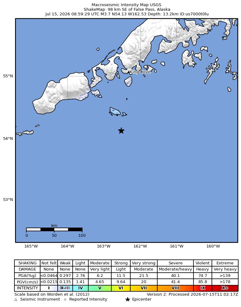 USGS ShakeMap intensity contours for the M3.7 earthquake near 98 km SE of False Pass, Alaska