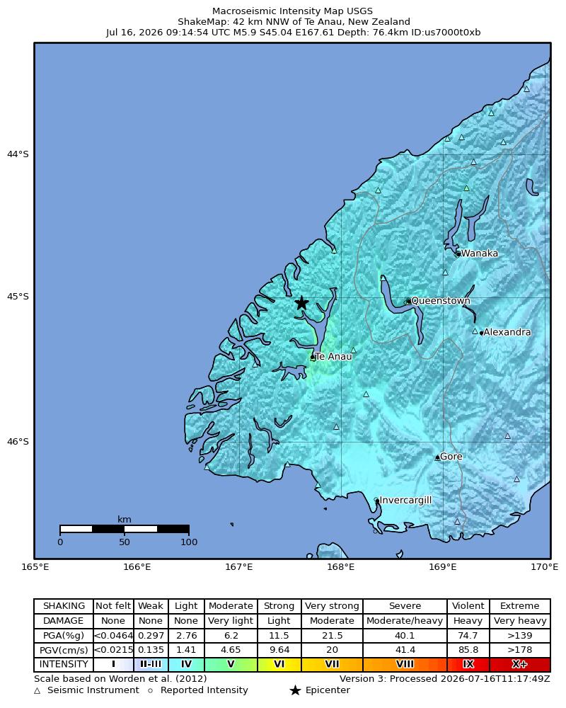 USGS ShakeMap intensity contours for the M5.9 earthquake near 42 km NNW of Te Anau, New Zealand