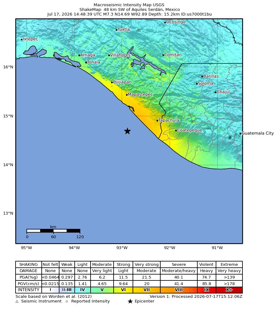 USGS ShakeMap intensity contours for the M7.3 earthquake near 48 km SW of Aquiles Serdán, Mexico