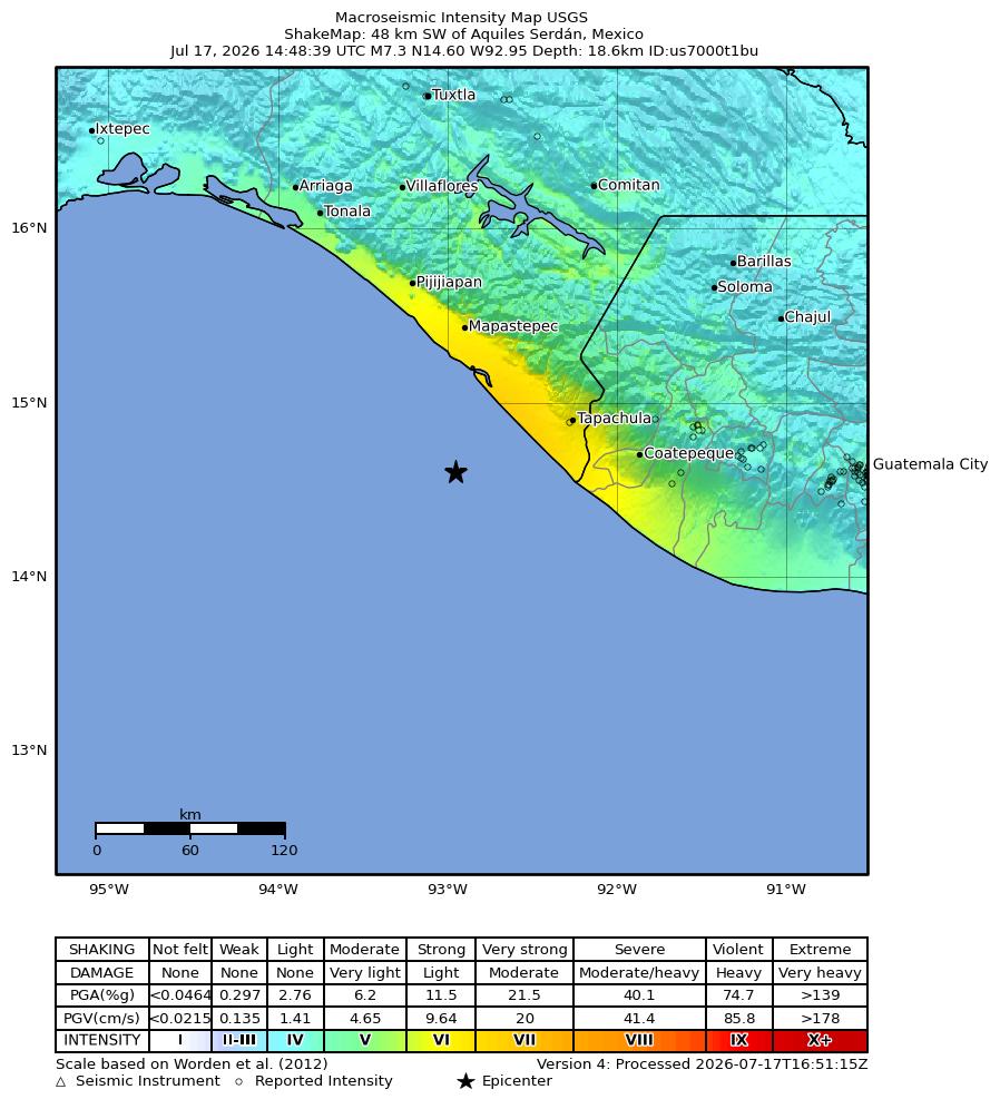 USGS ShakeMap intensity contours for the M7.3 earthquake near 58 km WSW of Puerto Madero, Mexico