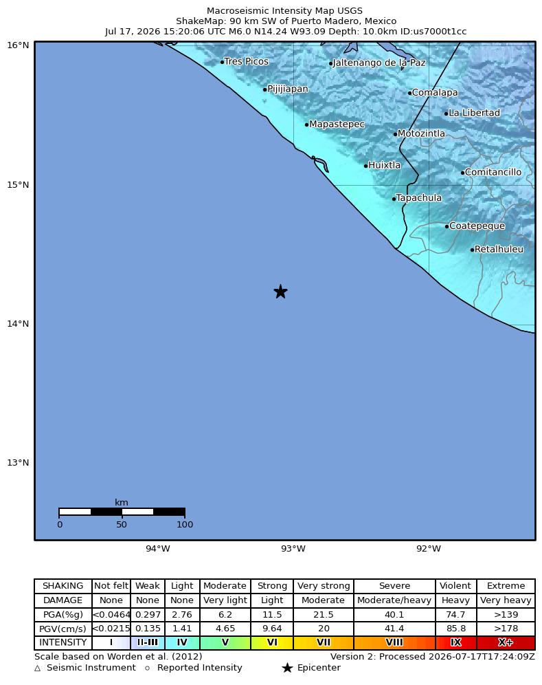 USGS ShakeMap intensity contours for the M6.0 earthquake near 90 km SW of Puerto Madero, Mexico