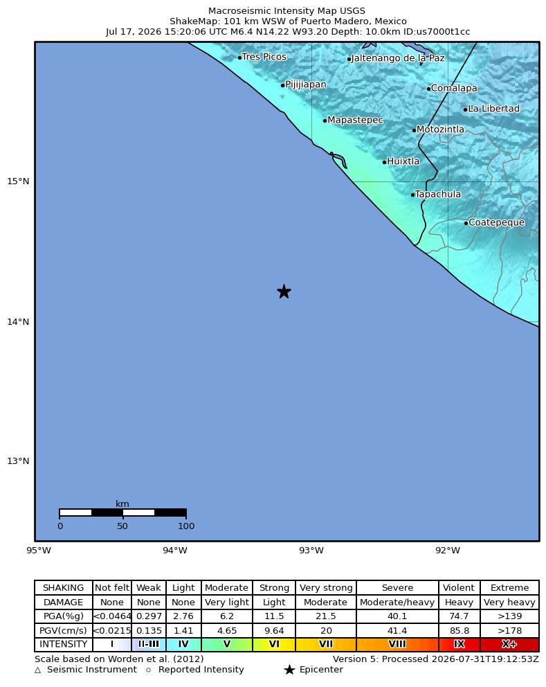 USGS ShakeMap intensity contours for the M6.4 earthquake near 101 km WSW of Puerto Madero, Mexico