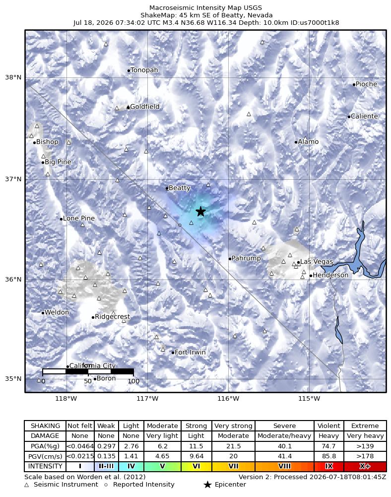 USGS ShakeMap intensity contours for the M3.6 earthquake near 45 km SE of Beatty, Nevada