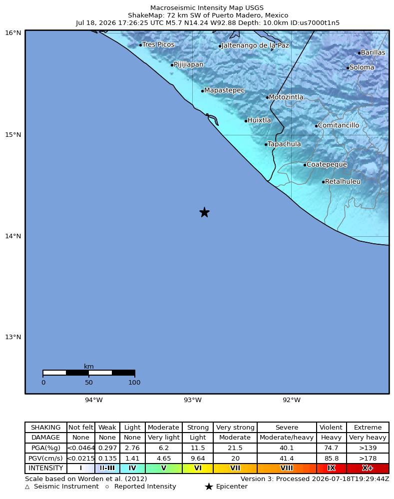 USGS ShakeMap intensity contours for the M5.7 earthquake near 72 km SW of Puerto Madero, Mexico