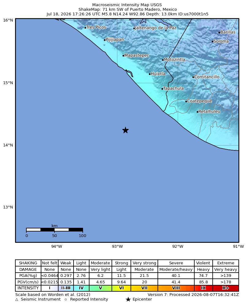 USGS ShakeMap intensity contours for the M5.8 earthquake near 71 km SW of Puerto Madero, Mexico