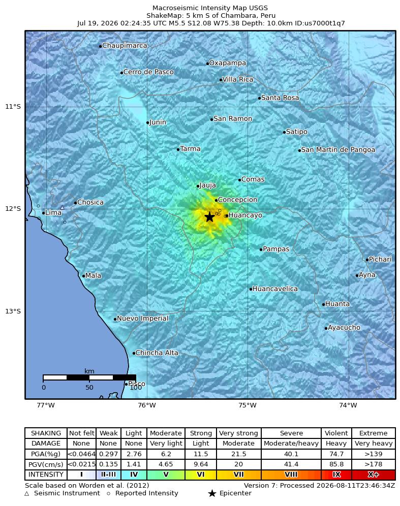 USGS ShakeMap intensity contours for the M5.5 earthquake near 5 km S of Chambara, Peru