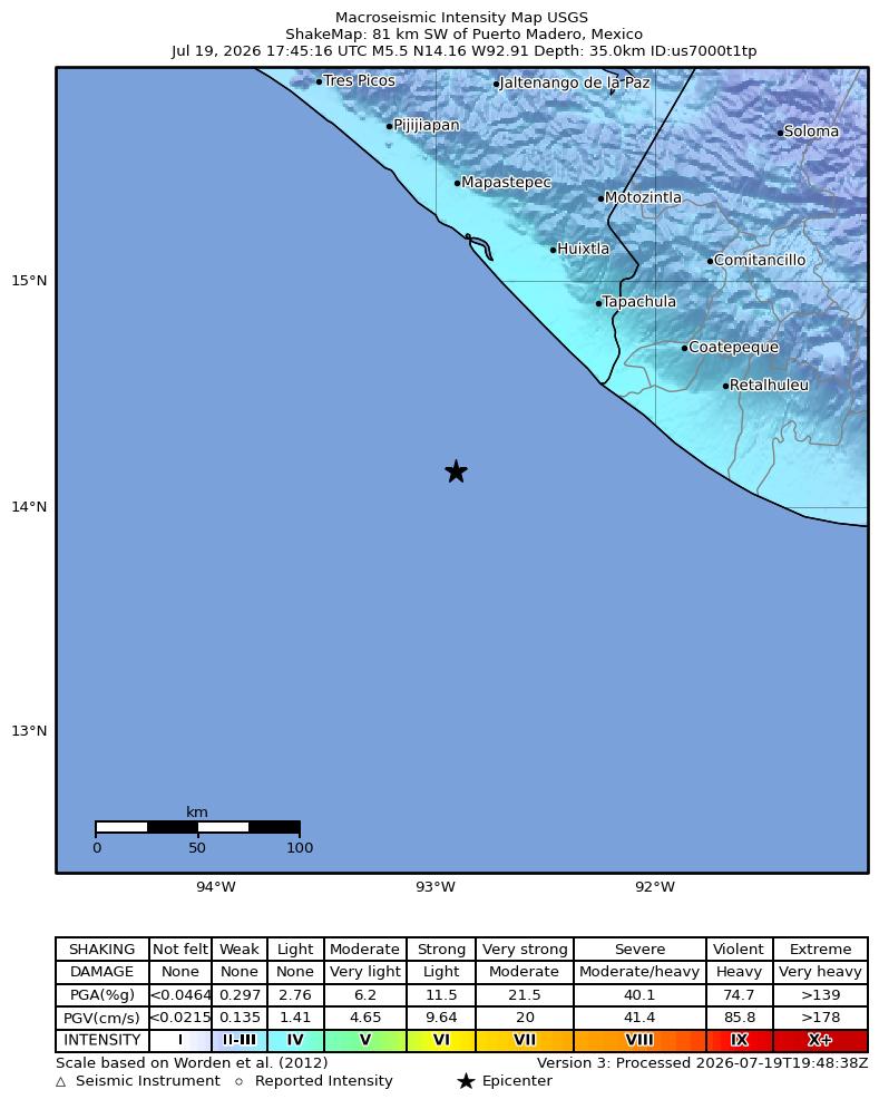 USGS ShakeMap intensity contours for the M5.5 earthquake near 81 km SW of Puerto Madero, Mexico