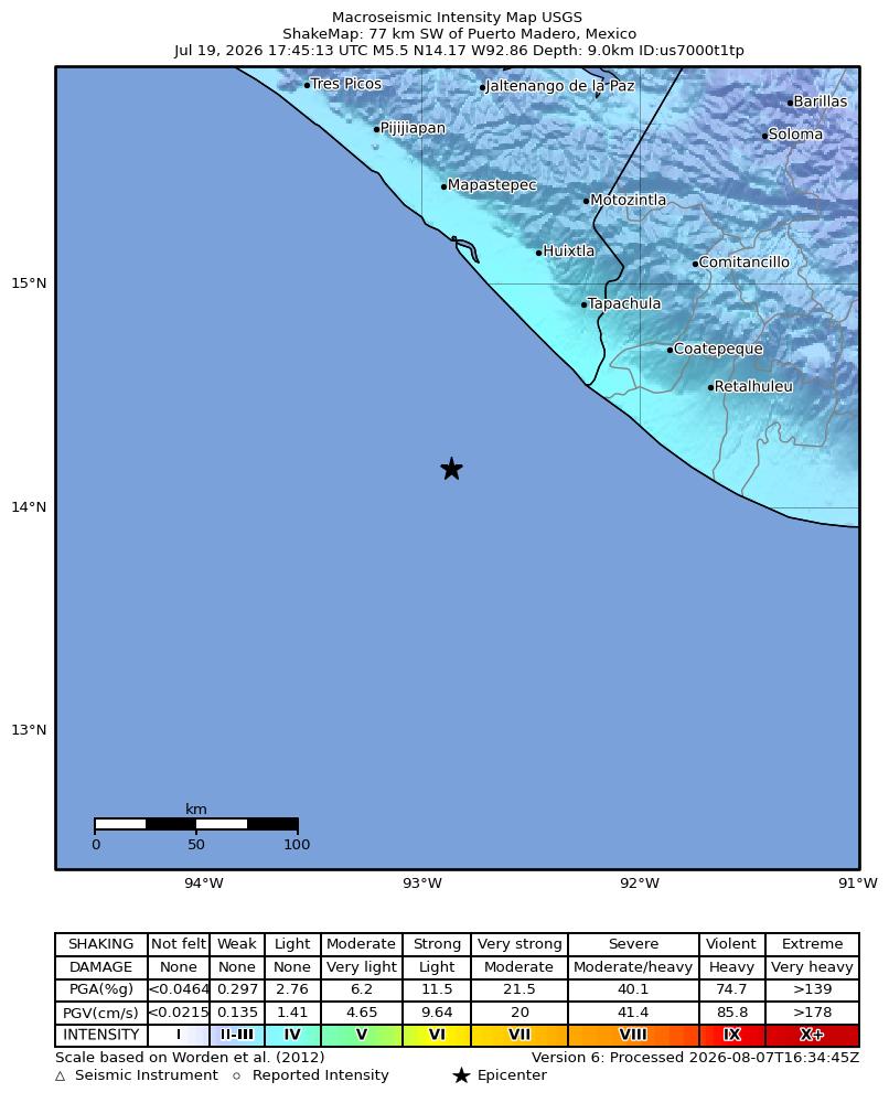 USGS ShakeMap intensity contours for the M5.5 earthquake near 77 km SW of Puerto Madero, Mexico