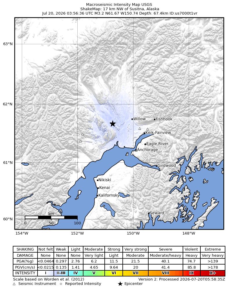 USGS ShakeMap intensity contours for the M3.3 earthquake near 17 km NW of Susitna, Alaska