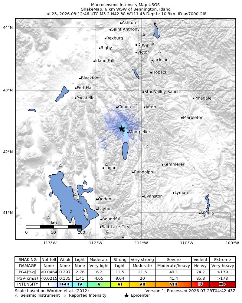 USGS ShakeMap intensity contours for the M3.2 earthquake near 6 km WSW of Bennington, Idaho