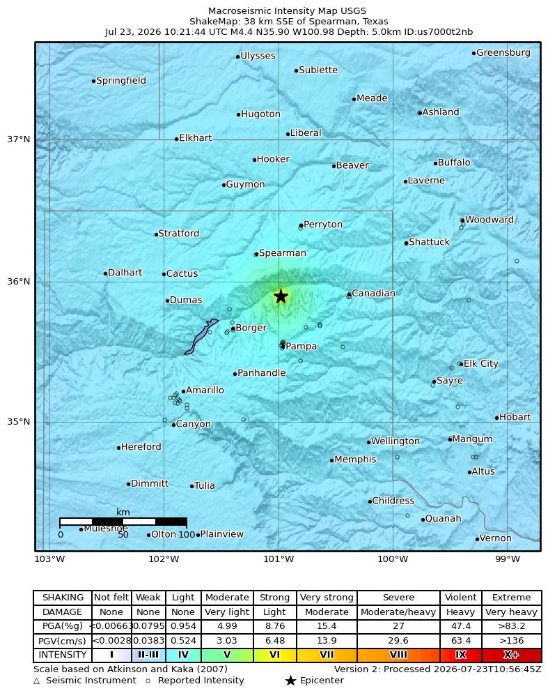 USGS ShakeMap intensity contours for the M5.0 earthquake near 38 km SSE of Spearman, Texas
