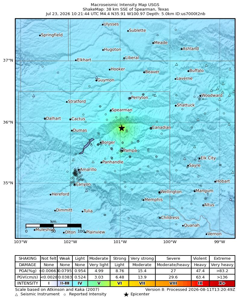 USGS ShakeMap intensity contours for the M5.0 earthquake near 38 km SSE of Spearman, Texas